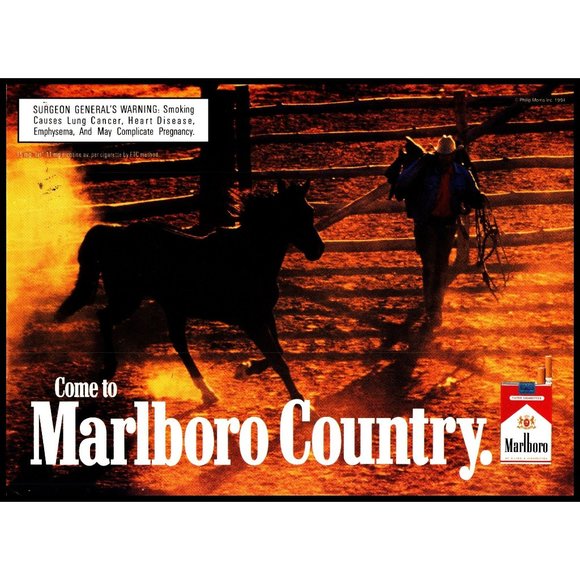 Marlboro | Art | 988 Marlboro Cigarettes Vintage Print Ad White Shirt Cowboy Hat Horse Stall Art